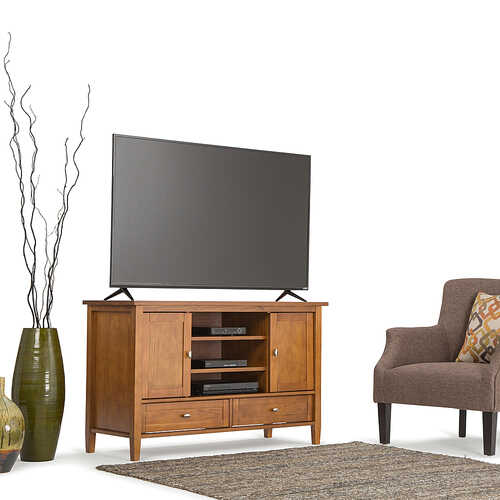 Rent to own Simpli Home - Warm Shaker SOLID WOOD 47 inch Wide Rustic TV Media Stand in Light Golden Brown For TVs up to 50 inches - Light Golden Brown