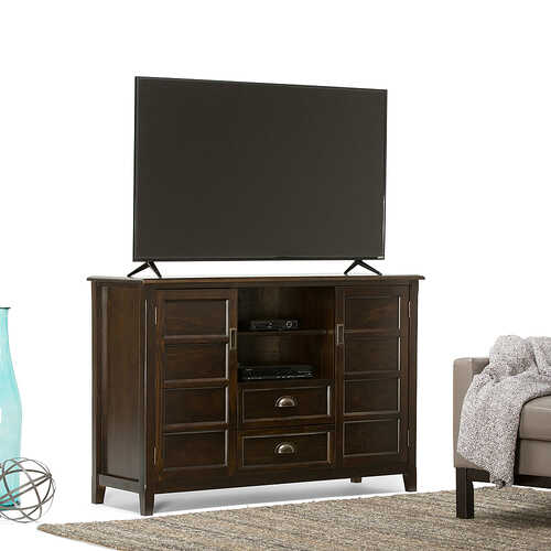 Rent to own Simpli Home - Burlington SOLID WOOD 54 inch Wide Traditional TV Media Stand in Mahogany Brown For TVs up to 60 inches - Mahogany Brown
