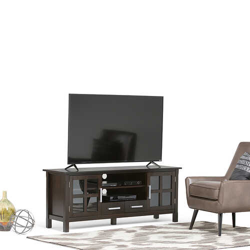 Rent to own Simpli Home - Kitchener SOLID WOOD 60 inch Wide Contemporary TV Media Stand in Hickory Brown For TVs up to 65 inches - Hickory Brown