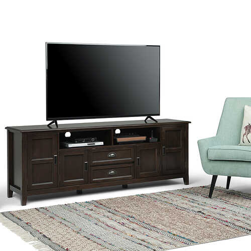 Rent to own Simpli Home - Burlington SOLID WOOD 72 inch Wide Traditional TV Media Stand in Mahogany Brown For TVs up to 80 inches - Mahogany Brown