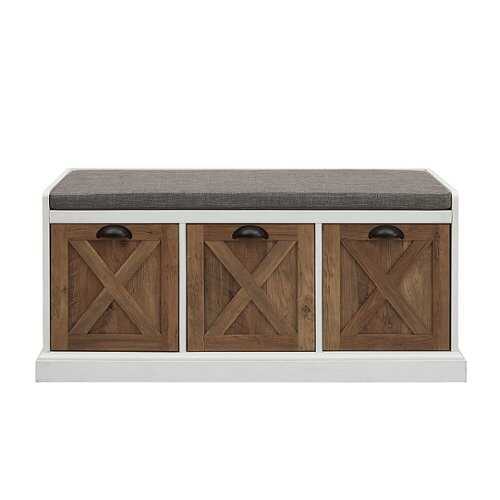 Walker Edison - 40” Farmhouse Storage Bench with Top Cushion - Rustic Oak/Brushed White/Storm Grey