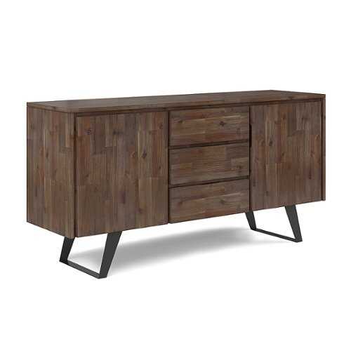 Rent to own Simpli Home - Lowry Solid Acacia Wood and Metal 60 inch WideRectangle Modern Industrial Sideboard Buffet - Rustic Natural Aged Brown