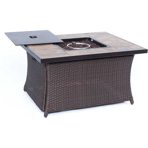 Rent to own Hanover - Woven 40,000 BTU Fire Pit Coffee Table with Porcelain Tile Top - Brown/Porcelain Tile Top
