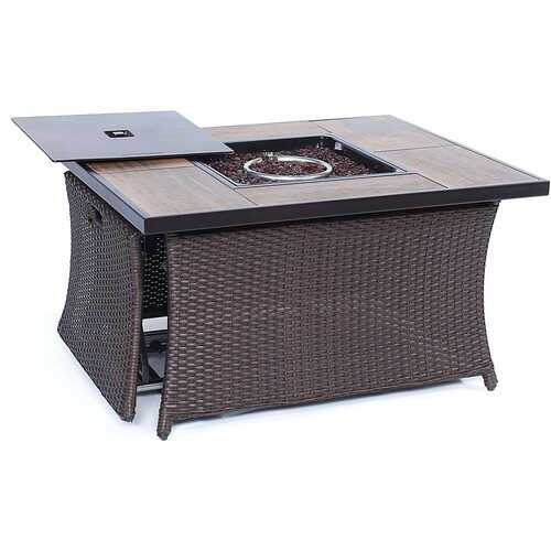 Rent to own Hanover - Woven 40,000 BTU Fire Pit Coffee Table with Woodgrain Tile-Top - Brown/Wood Grain Top