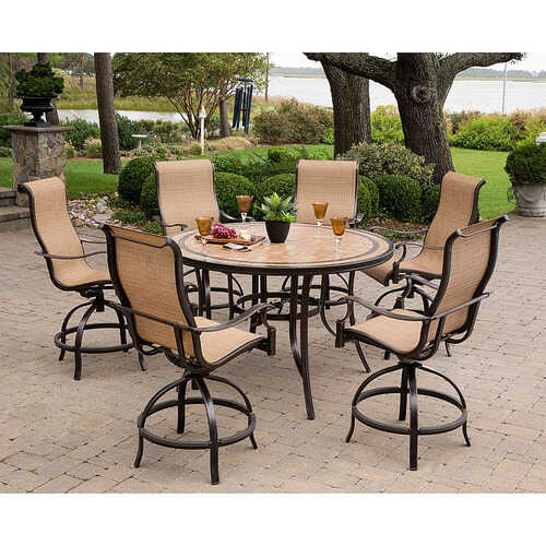 Rent to own Hanover - Monaco 7-Piece High-Dining Set with 6 Contoured Swivel Chairs and a 56 In. Tile-Top Table - Tan/Bronze