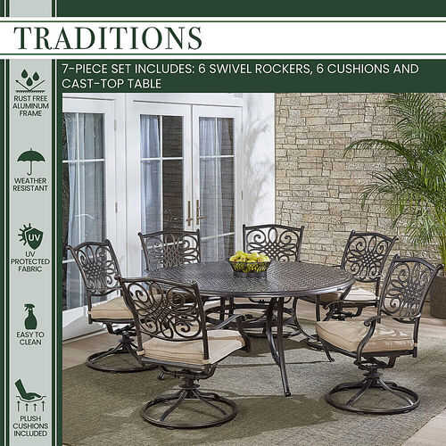 Rent to own Hanover - Traditions 7-Piece Dining Set with a 60 In. Round Cast-top Table and Six Swivel Rockers - Alumicast/Tan