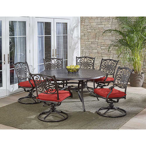 Rent to own Hanover - Traditions 7-Piece Dining Set with a 60 In. Round Cast-top Table and Six Swivel Rockers - Alumicast/Red