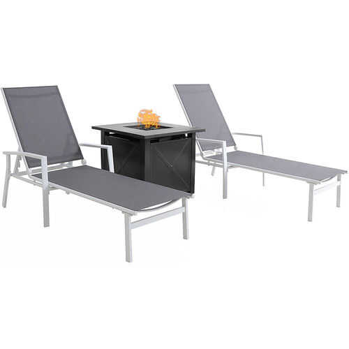 Rent to own Mod Furniture - Harper 3pc Chaise Set: 2 Chaise Lounges and 40,000 BTU gas tile top fire pit table - White/Gray