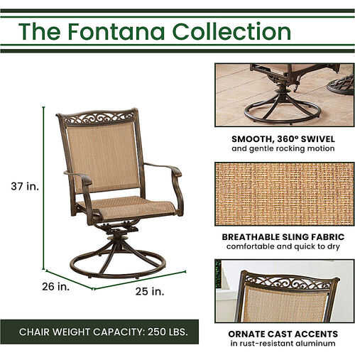 Rent to own Hanover - Fontana 9-Piece Outdoor Dining Set with 8 Sling Swivel Rockers and a 60-In. Square Cast-Top Table - Tan/Bronze