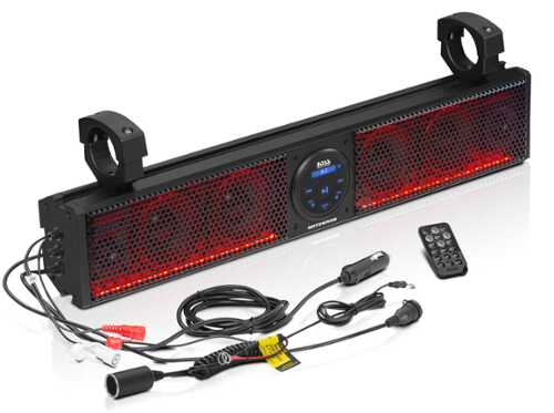 Rent to own BOSS Audio - ATV UTV 26-Inch Amplified Sound Bar, 4-Inch Speakers, 1-Inch Tweeters, IPX5 Weatherproof, Bluetooth, Multicolor Lighting - Black