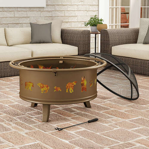 Rent to own Nature Spring - 32" Fire Pit – Round Outdoor Fireplace with Steel Bowl, Bear Cutouts for Patio Wood Burning - Antique Gold
