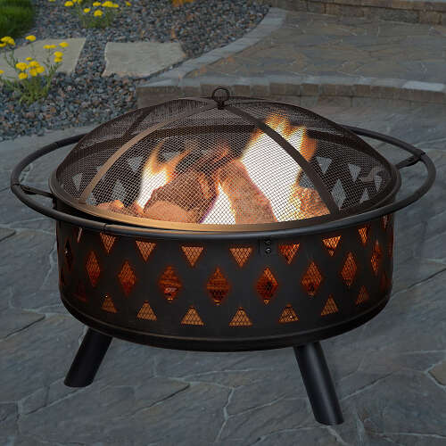 Rent to own Nature Spring - 32" Fire Pit – Round Outdoor Fireplace with Cross-Weave Steel Bowl for Patio Wood Burning - Black