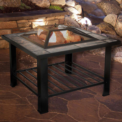 Rent to own Nature Spring - Fire Pit Table – 30" Square Wood Burning Bonfire Pit with Marble Tile Edge - Black and Orange