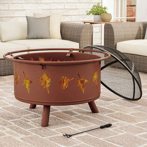 Rent to own Nature Spring - 32" Fire Pit – Round Outdoor Fireplace with Steel Bowl, Leaf Cutouts for Patio Wood Burning - Rugged Rust