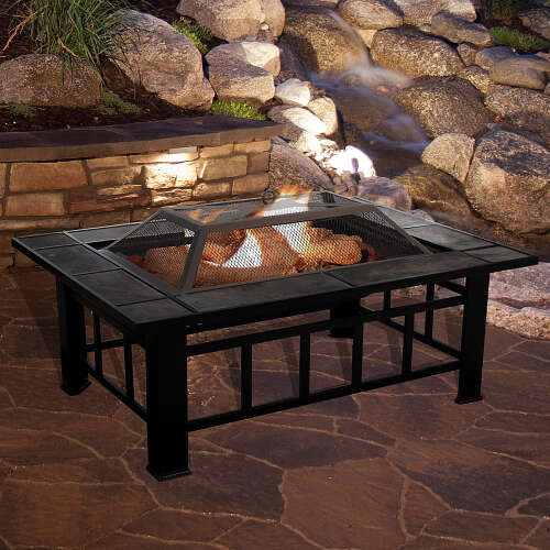 Rent to own Nature Spring - 37” Marble Tile Rectangular Fire Pit Set, Wood Burning Pit Great for Outdoor and Patio - Black and Orange Marbled Tile