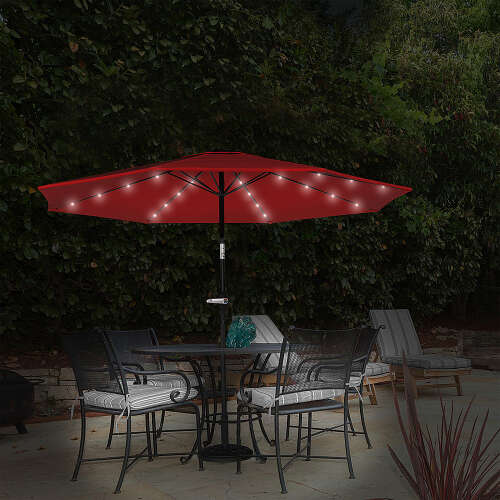 Rent to own Nature Spring - Patio Umbrella – 10 Foot Deck Shade with Solar Powered LED Lights, Crank Tilt and Fade Resistant, UV Protection Canopy - Crimson Red