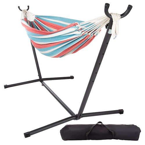 Rent to own Hastings Home - 2 Person Hammock with Stand – Brazilian Style Woven Cotton Swing – Stand Alone Hammock with 450lb Weight Capacity - Blue/Red Stripe