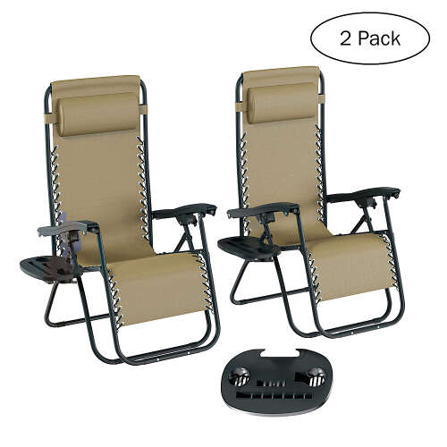 Rent to own Hastings Home - Zero Gravity Lounge Chairs Set of 2 Folding Anti-Gravity Recliners- Side Table, Cup Holder & Pillow-For Outdoor Lounging - Beige