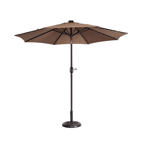 Nature Spring - 9' LED Lighted Outdoor Patio Umbrella with 8 Steel Ribs and Push Button Tilt, Solar Powered Market Umbrella by (Brown) - Brown