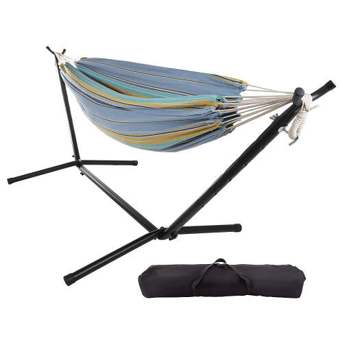 Rent to own Hastings Home - Double Brazilian Woven Cotton Hammock with Stand and Carrying Bag - Blue Stripes