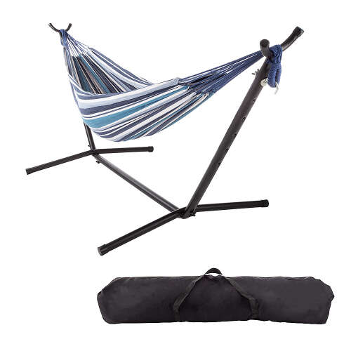 Rent to own Hastings Home - Double Brazilian Hammock with Stand Included Poly/Cotton Fabric Hammock and Powder-Coated Steel Frame with Carrying Bag - Blue