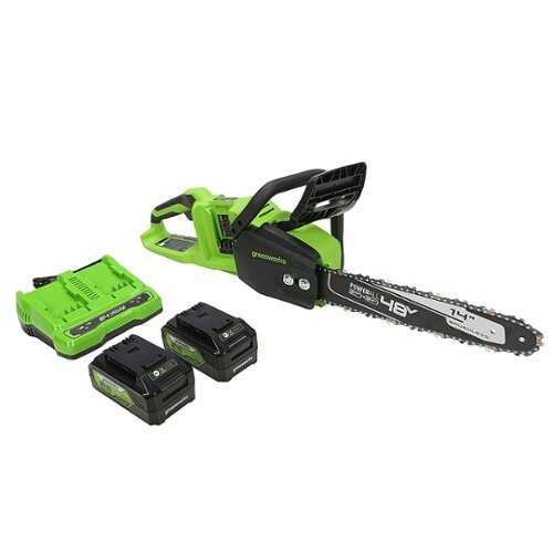 Rent to own Greenworks - 2 x 24V (48V) 14 in. Brushless Chainsaw, (2) 4Ah USB Batteries and Dual Port Charger - Green