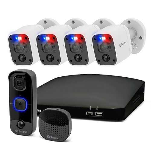 Rent to own Swann - Enforcer 4-Channel, 4-Bullet Cameras Indoor/Outdoor with Swann Buddy Video Doorbell and Chime - Black