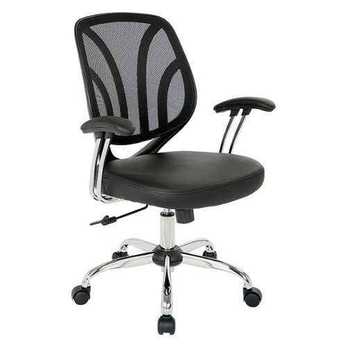 OSP Home Furnishings - Screen Back Chair with Chrome Padded Arms and Dual Wheel Carpet Casters in Faux Leather - Black