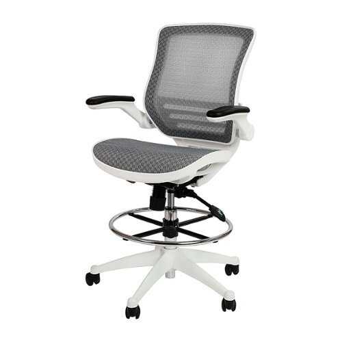 Flash Furniture - Mid-Back Transparent Gray Mesh Drafting Chair with White Frame and Flip-Up Arms - Gray Mesh/White Frame