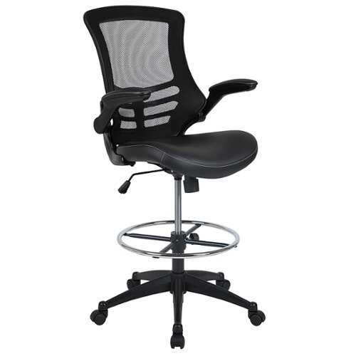 Flash Furniture - Mid-Back Black Mesh Ergonomic Drafting Chair with LeatherSoft Seat, Adjustable Foot Ring and Flip-Up Arms - Black LeatherSoft/Mesh