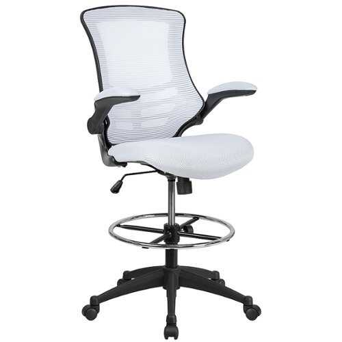 Flash Furniture - Mid-Back Ergonomic Drafting Chair with Adjustable Foot Ring and Flip-Up Arms - White Mesh