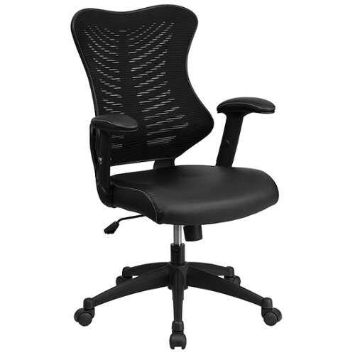 Flash Furniture - High Back Designer Black Mesh Executive Swivel Ergonomic Office Chair with LeatherSoft Seat and Adjustable Arms - Black LeatherSoft/Mesh