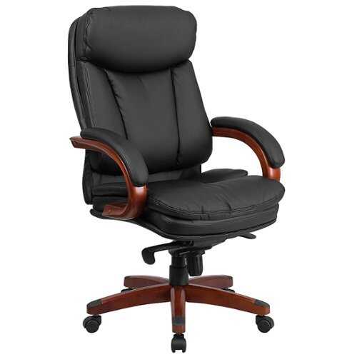 Flash Furniture - High Back LeatherSoft Executive Swivel Ergonomic Office Chair with Synchro-Tilt Mechanism, Mahogany Wood Base and Arms - Black