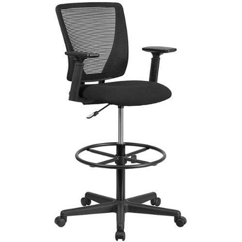 Flash Furniture - Ergonomic Mid-Back Mesh Drafting Chair with Fabric Seat, Adjustable Foot Ring and Adjustable Arms - Black