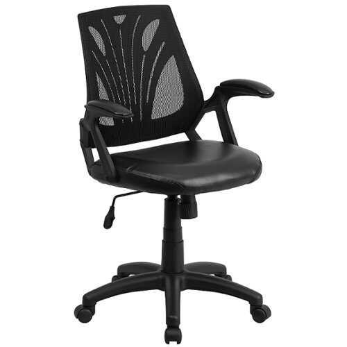 Flash Furniture - Mid-Back Designer Black Mesh Swivel Task Office Chair with LeatherSoft Seat and Open Arms - Black LeatherSoft/Mesh
