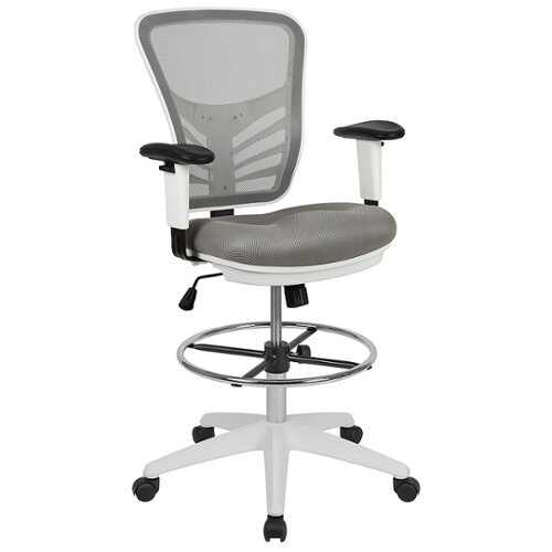 Flash Furniture - Mid-Back Light Gray Mesh Ergonomic Drafting Chair with Adjustable Chrome Foot Ring, Adjustable Arms and White Frame - Light Gray Mesh/White Frame