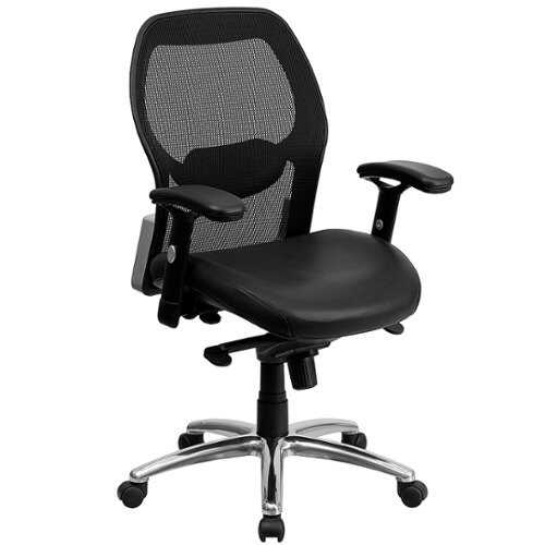 Flash Furniture - Mid-Back Black Super Mesh Office Chair with LeatherSoft Seat & Knee Tilt Control - Black LeatherSoft/Mesh