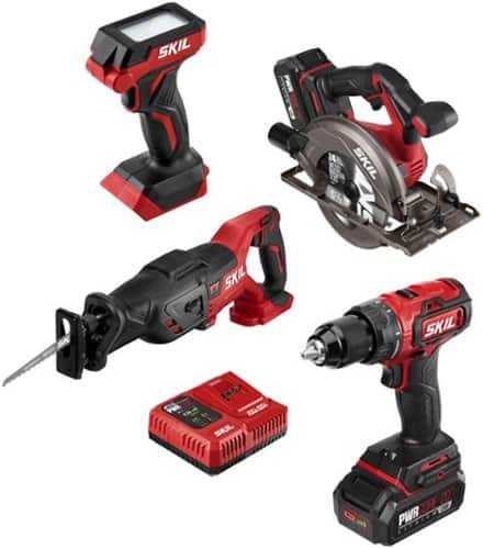 Rent to own Skil - PWR CORE 20 Brushless 20V 4-Tool Kit: Drill Driver, Reciprocating Saw, Circular Saw and LED Light - Red/Black