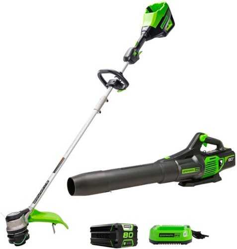 Rent to own Greenworks - 80 Volt 16-Inch Cutting Diameter Straight Shaft Grass Trimmer and Axial Blower (1 x 2.0Ah Battery and 1 x Charger) - Green