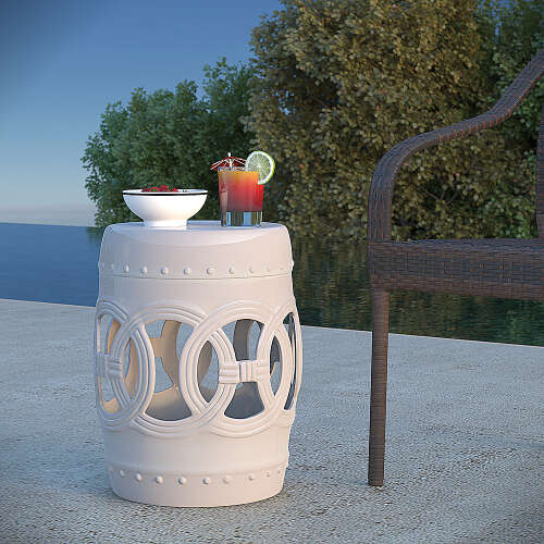 Patio Sense Large Medallion Ceramic Garden Stool, White