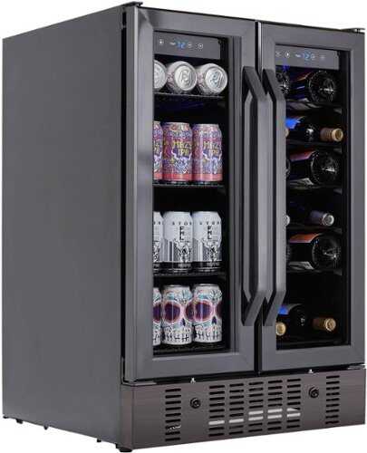 Rent To Own - Newair 24” Built-in Dual Zone 18 Bottle and 58 Can Wine and Beverage Fridge, with French Doors and Adjustable Shelves - Black stainless steel