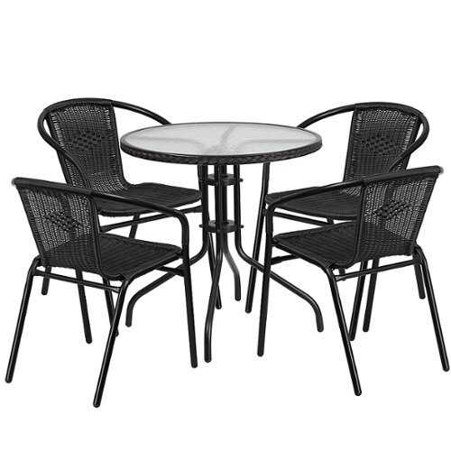 Rent to own Flash Furniture - Lila Outdoor Round Contemporary Metal 5 Piece Patio Set - Clear Top/Black Rattan