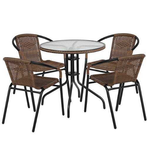 Rent To Own - Flash Furniture - Lila Outdoor Round Contemporary Metal 5 Piece Patio Set - Clear Top/Dark Brown Rattan