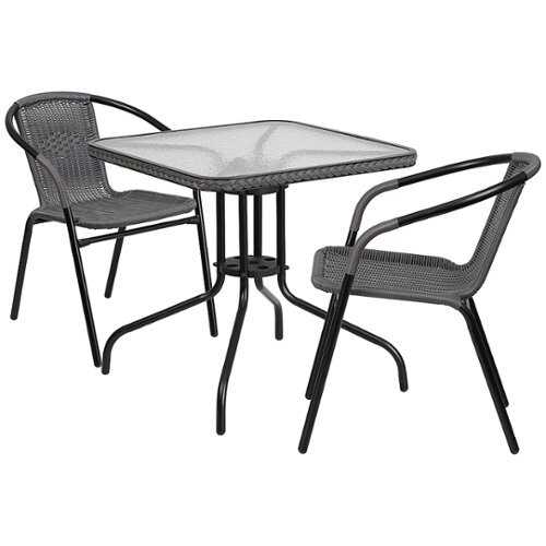 Rent to own Flash Furniture - Lila Outdoor Square Contemporary Metal 3 Piece Patio Set - Clear Top/Gray Rattan