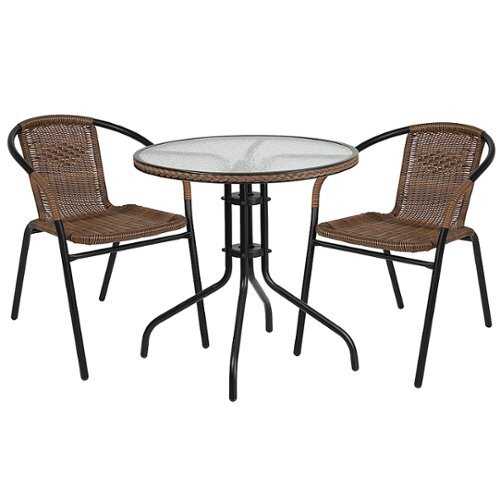 Rent to own Flash Furniture - Lila Outdoor Round Contemporary Metal 3 Piece Patio Set - Clear Top/Dark Brown Rattan