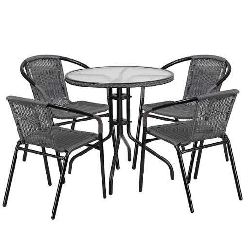 Rent To Own - Flash Furniture - Lila Outdoor Round Contemporary Metal 5 Piece Patio Set - Clear Top/Gray Rattan