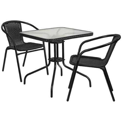 Rent to own Flash Furniture - Lila Outdoor Square Contemporary Metal 3 Piece Patio Set - Clear Top/Black Rattan