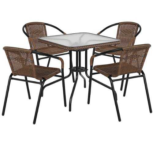 Rent To Own - Flash Furniture - Lila Outdoor Square Contemporary Metal 5 Piece Patio Set - Clear Top/Dark Brown Rattan