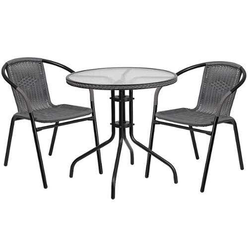 Rent to own Flash Furniture - Lila Outdoor Round Contemporary Metal 3 Piece Patio Set - Clear Top/Gray Rattan
