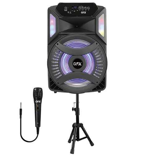 Rent to own QFX - Portable Rechargeable Bluetooth Speaker with Party Lights, Speaker Stand and Wired Microphone - Black